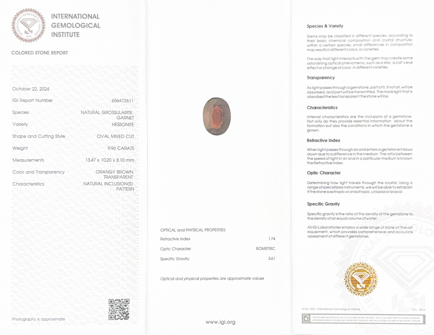 Hessonite (Gomed) - 9.96 Carat (Ceylon) (IGI Certified)